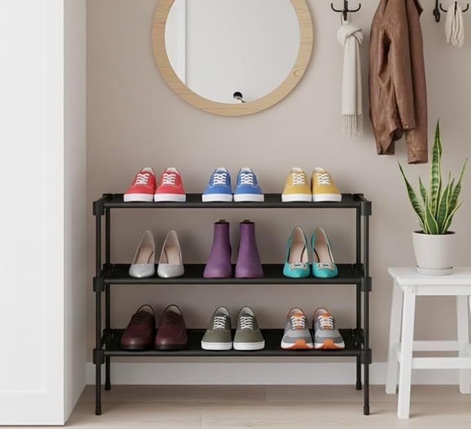3-Tier Stackable Shoe Rack Organizer with Handle & Cleaning Brush, Adjustable Metal Shoe Shelf for Closet, Entryway, Bedroom & Hallway, No Tool Assembly, Durable Black Metal.