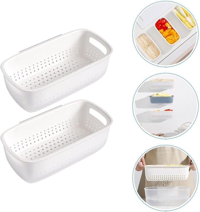 Kichvoe 2pcs Plastic Wall-mounted Vegetable and Fruit Drain Basket Set, Thickened Square Filter Basket for Kitchen Sink, Double Layer Food Strainer for Fruit Washing and Vegetable Draining