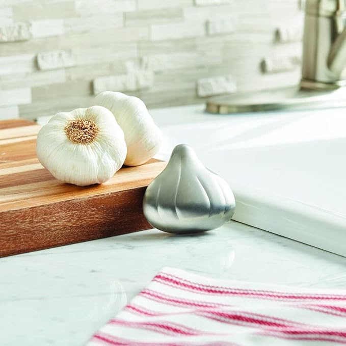 Amco Rub Away Bar, Stainless Steel Odor Absorber, Garlic Shaped - Dishwasher Safe Kitchen & Outdoor Essential for Garlic, Onion, Fishing, Hiking Odors - Natural Odor Remover