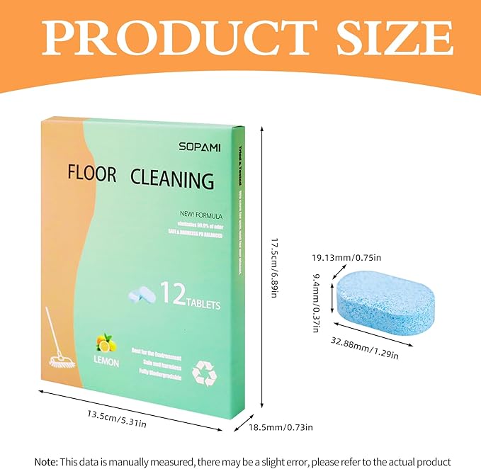 SOPAMI 12pcs Floor Cleaning Solution Tablet Deep Cleans for Multiple Hard Floors, Tile and Vinyl Floors,Suitable With All Robot Vacuums with Mopping and Cordless Wet/Dry Vacuum Mop Cleaner lemon Scent