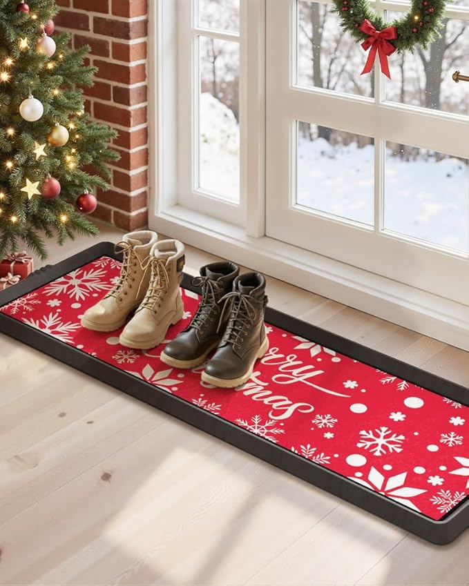 SUPENUIN Christmas Boot Tray Mat - Heavy Duty Snow & Water Catch Tray, Waterproof Rubber Shoe Mat with Lip for Entryway, Indoor & Outdoor Holiday Decor Storage (16"x48")