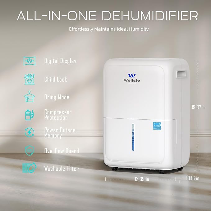 Most Efficient Energy Star Dehumidifier, Wellsle Smart Dehumidifier for Basement and Home, Humidity Adjustment with 0.4 Gal Water Tank and Drain Hose 34dB Quiet Operation for Bedroom (52 Pints)