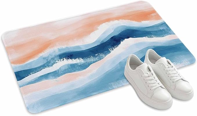 Abstract Waves Doormat Gradient Orange Blue Spray Non Slip Low Profile Rubber Door Mat Washable Absorbent Indoor Front Door Mat Entryway Rug Entrance Carpet 24x36 Inch