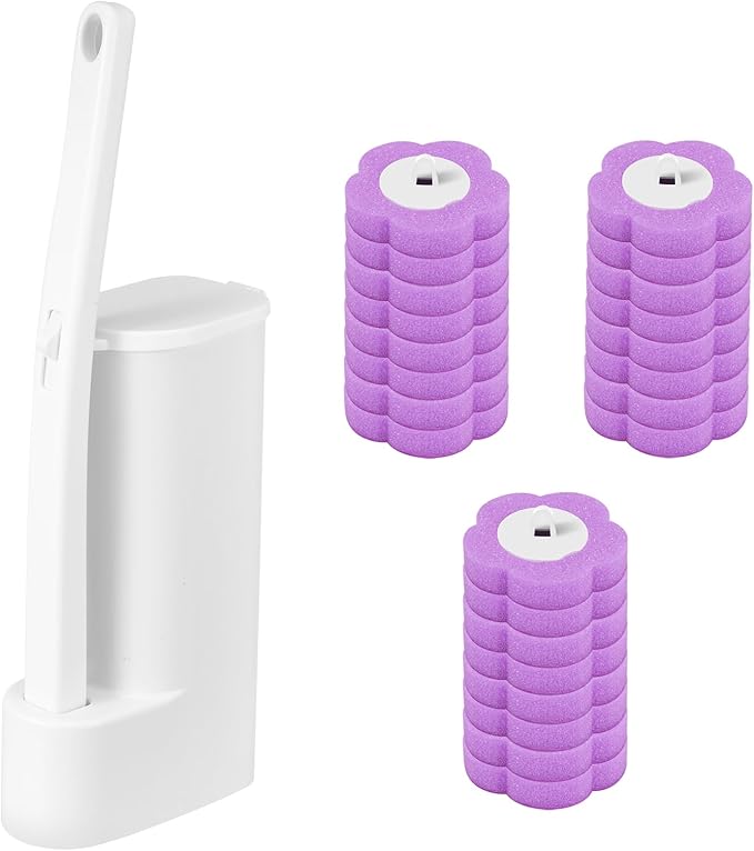 Toilet Bowl Cleaner Kit, Toilet Brush Cleaning System, Easy to Install Refills Pads Replacement Heads, Efficient Brush Disc Kit with Elongated Handle for Bathroom Cleaning(Purple)