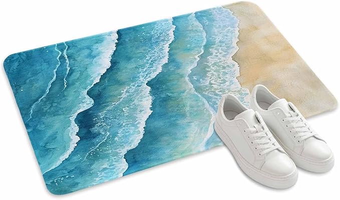 Abstract Waves Doormat Spray Blue Ocean Seaside Watercolor Non Slip Low Profile Rubber Door Mat Washable Absorbent Indoor Front Door Mat Entryway Rug Entrance Carpet 18x30 Inch