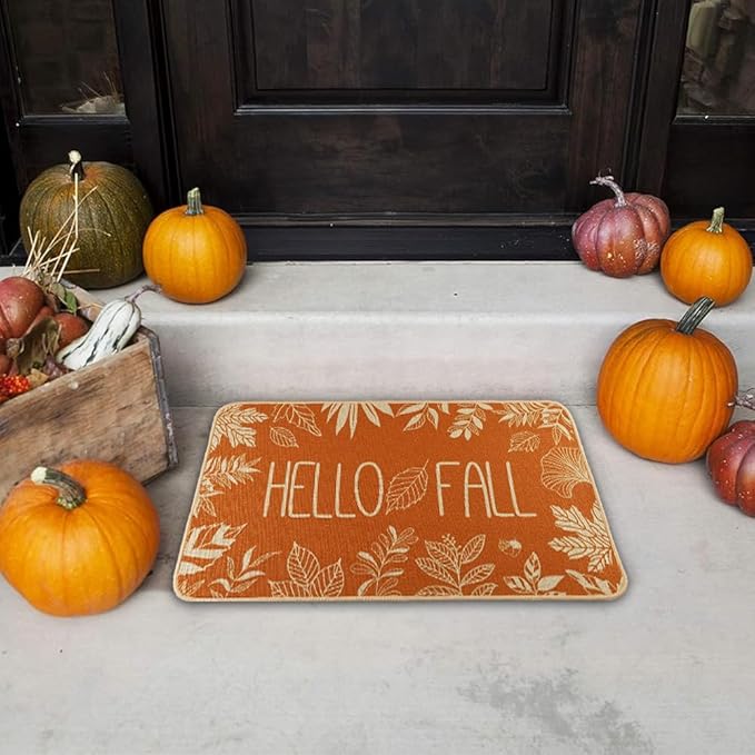 Hello Fall Door Welcome Mat, Autumn Thanksgiving Orange Outdoor Rug Leaves Decor Floor Non-Slip Entrance Mat for Home Kitchen Bathroom 17 X 29 Inch