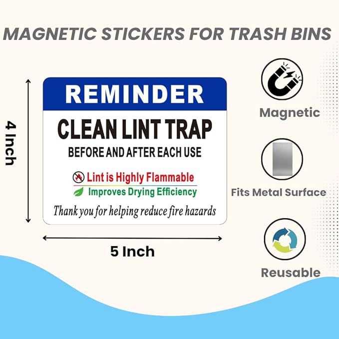 Please Clean Lint Trap Magnet Sticker, Clean Lint Bin Reminder Sign for Dryer, 4x5 Inch Magnetic Lint Bin Sign for Hosts, Rentals, Hotels, Apartments, Laundry Room and Home Use