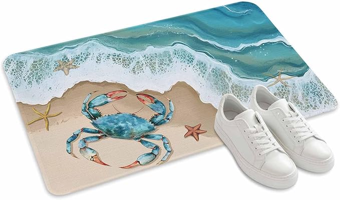 Turquoise Crab Doormat Ocean Spray Non Slip Low Profile Rubber Door Mat Washable Absorbent Indoor Front Door Mat Entryway Rug Entrance Carpet 24x36 Inch
