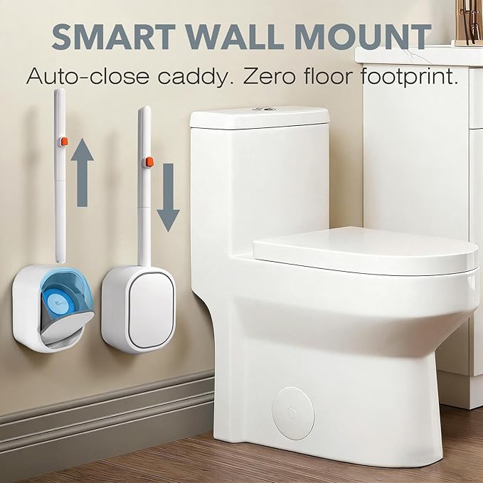 3-Pack Disposable Toilet Brush & Wand Kit, Wall-Mounted Auto-Closing Caddies with 90 Refills, Deep Cleaning System with Pre-Loaded Scrubber for Rust & Hard Water - Hand-Free Modern Design