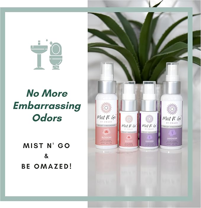 Mist N’ Go by Omaze Travel Bathroom Spray for Toilet Spray Odor Eliminator - Travel Toilet Spray for Bathroom Air Freshener Spray for Bathroom Deodorizer - Blossom Regular Size (2oz x2)