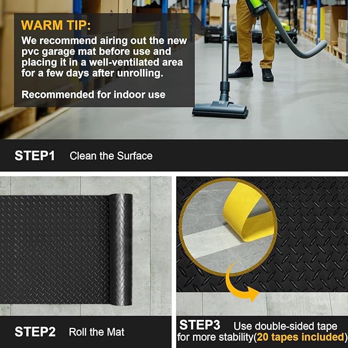 7.5x25 FT Garage Floor Mat, 2.8mm Thickened Flooring Roll Under Car Mat with 20Pcs Tapes, Diamond Plate, Non-Slip Floor Protector Mat for Trailer, Garage, Warehouse, Gyms, Trailer, Matte Black