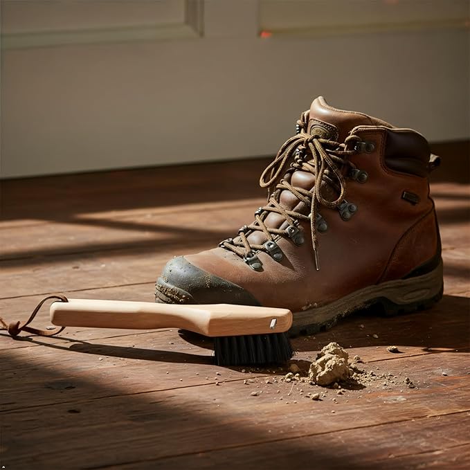 REDECKER Shoe Sole Brush - Wild Boar Bristle, Oiled Beechwood and Stainless Steel Design, 3 Ways to Clean, Made in Germany - Stiff Bristle Boot Brush - Stiff Boot Sole Brush, Set of 2