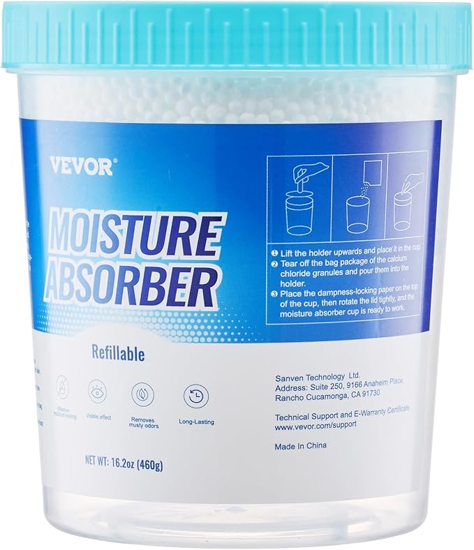 VEVOR Moisture Absorber Bucket, 2 Packs 16.2 oz Hi-Capacity Moisture Absorber Bucket with 800ml Storage Area & Reusable Outer Bucket for Long-Term Use, Fragrance Free Moisture Absorber for Fresher Air