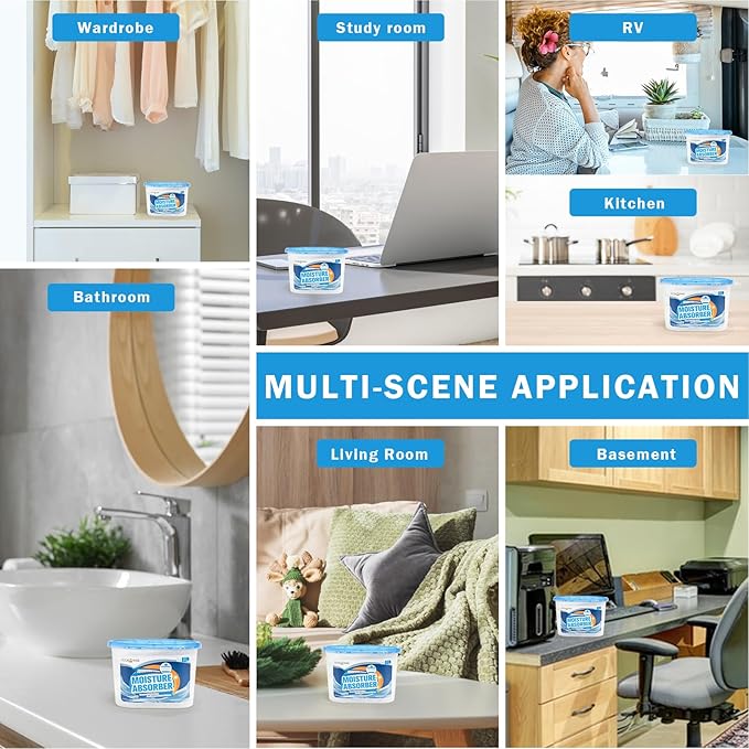 12-Pack Moisture Absorber, 9.8 oz (277g), Traps Moisture & Humidity, Portable Dehumidifier for Closets, Bathrooms, Toilets, Study Rooms, RVs, Basements