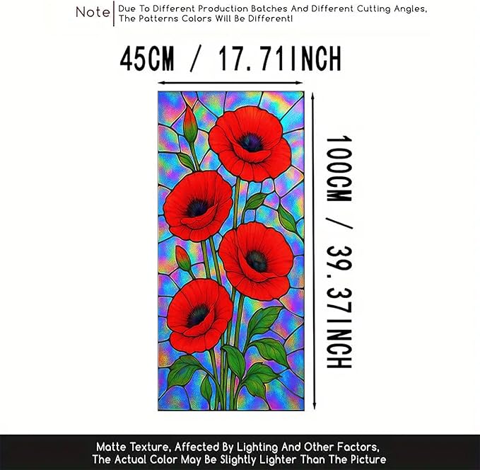 Red Poppy Window Film Iridescent Stained Glass Privacy Panel Static Cling No Glue Decorative Cover for Kitchen Studio Door Partition 17.7x39.3 inch