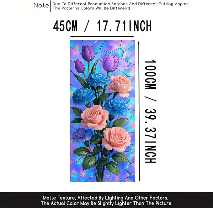 Rose Carnation Tulip Window Film Holographic Floral Privacy Panel Static Cling No Glue Decorative Cover for Door Vanity Kitchen Studio 17.7x39.3 inch