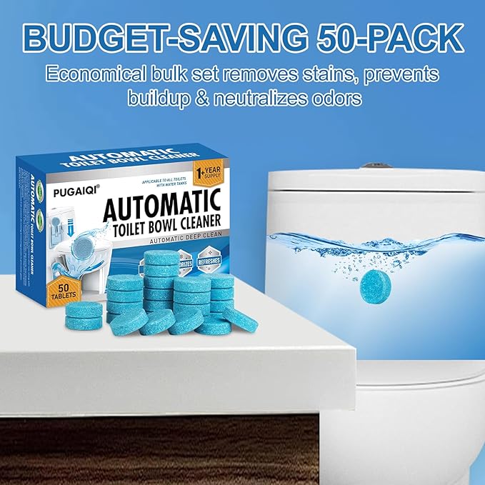 Automatic Toilet Bowl Cleaner Tablets, Blue, Septic Safe Hard Water Stain and Odor Remover, 50 Count,Effervescent Stain & Odor Remover Bathroom,Effervescent Stain Odor Remover Works with Toilets