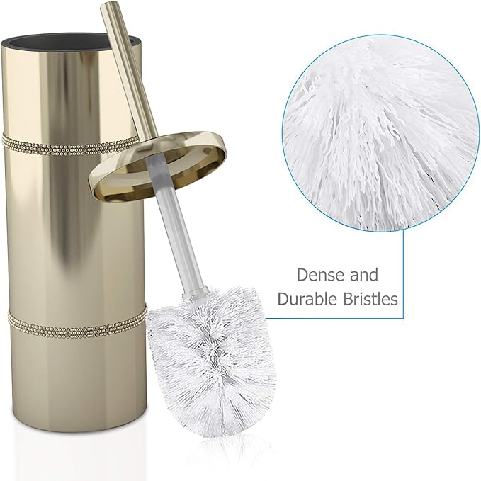 nu steel TBH-8065G-17 Slim Compact Freestanding Toilet Bowl Brush and Holder for Bathroom Storage and Organization - Space Saving, Sturdy, Deep Cleaning, Covered Brush, Metal in Scratched Gold Finish