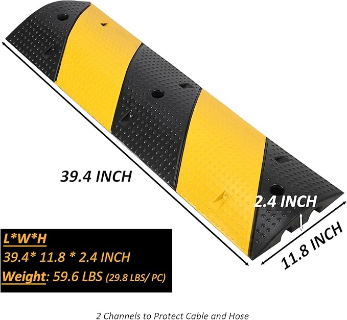 Towallmark 3.3 Ft Rubber Speed Bump, 2 Pack 2 Channel Modular Heavy Duty Speed Bumps Humps 25000 lbs Load Capacity, Cable Protector Ramp for Asphalt Concrete Gravel Driveway Road
