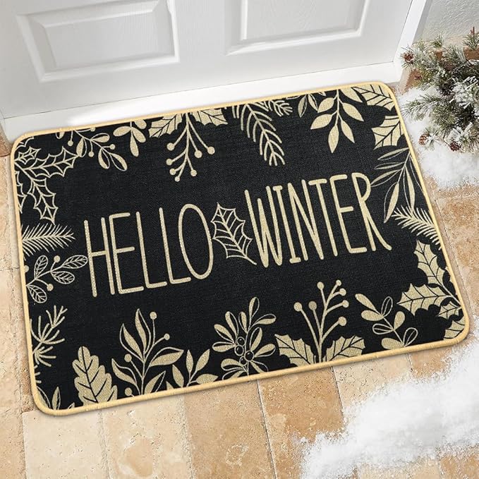 Hello Winter Door Mat Welcome Doormat, Winter Christmas Black Outdoor Rug Leaves Decor Floor Front Door Mat Non-Slip Entrance Mat for Home Kitchen Bathroom Decorations 17 X 29 Inch