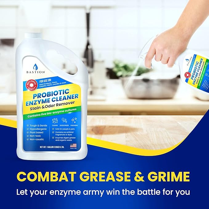 Bastion Probiotic Enzyme Cleaner - Professional Strength Solution -One Gallon- Natural Bio-Enzymatic Stain & Odor Remover - No Rinse Formula - Dye Free (Packaging May Vary)
