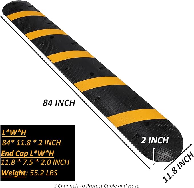Towallmark 84'' Rubber Speed Bump, 2 Channel Modular Heavy Duty Speed Bumps Humps 25000 lbs Load Capacity, Cable Protector Ramp with 2 End Caps for Asphalt Concrete Gravel Driveway Road