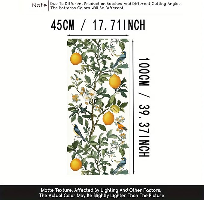 Lemon Bird Botanical Privacy Film Static Cling Decorative Glass Cover No Glue Light Filtering Window Panel for Kitchen Balcony Sunroom Door 17.7x39.3 inch