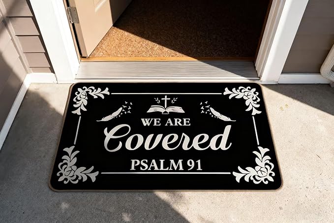 We are Covered Psalm 91 Door Mat 17x30 Inch Psalms 91 Doormat for Front Door Outdoor Entry Farmhouse Style Kitchen Rug ES (Black)