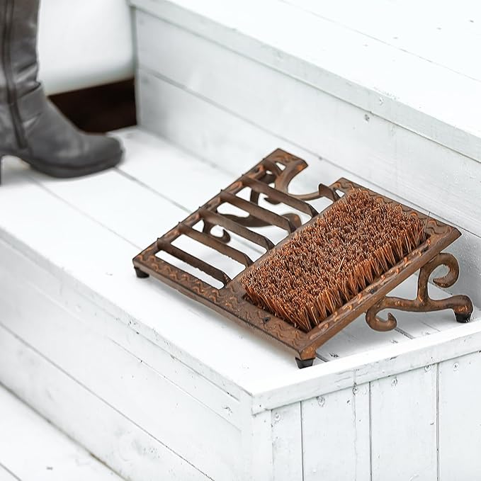 Cast Iron Boot Brush Scraper Outdoor, Heavy Duty Boot Scrubber Brush with Angled Design, Outdoor Shoe Scrapers with Brushes, All Weather Boot Scraper for Home Porch Entryway Garden (Brown)