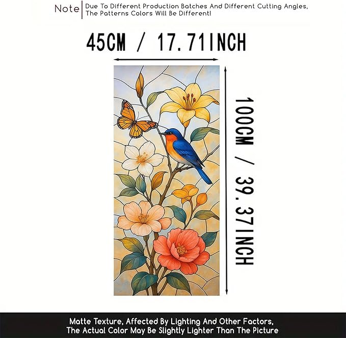 Bird Flower Butterfly Privacy Film Stained Glass Style Static Cling No Glue Decorative Panel Light Filtering Cover for Kitchen Door Balcony 17.7x39.3 inch