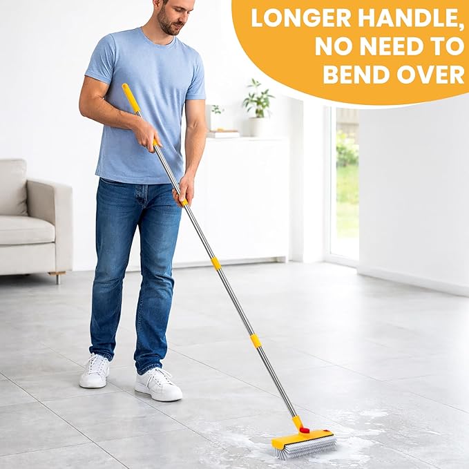 REEWII 64in Floor Scrub Brush with Long Handle,3 in 1 Hard Bristle Cleaning Brush with Scraper and Tweezers for Household Cleaning, Bathroom, Swimming Pool, Garage, Windows, Walls, and Terrace Decks