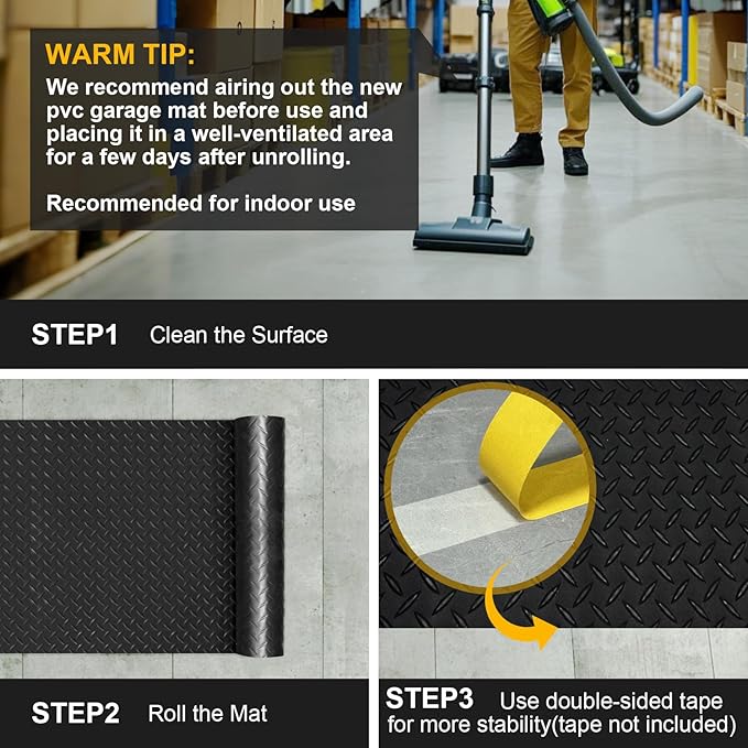 7.5x20 FT Garage Floor Mat, 2.8mm Thickened Flooring Roll Under Car Mat with 20Pcs Tapes, Diamond Plate, Non-Slip Floor Protector Mat for Trailer, Garage, Warehouse, Gyms, Trailer, Matte Black