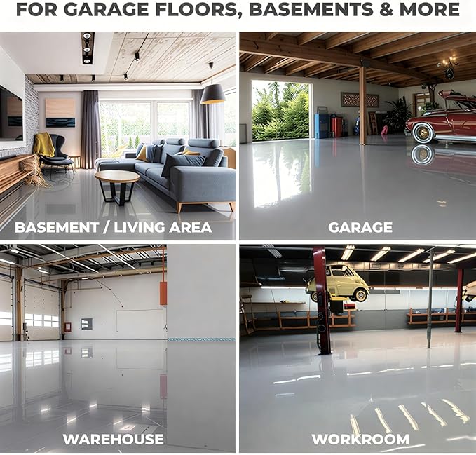 2-Part Epoxy Floor Coating Kit – Self-Leveling High Gloss Finish, Chemical & Abrasion Resistant Concrete Sealer for Garage, Basement & Workshop – 1.06 Gallon Covers 270 Sq Ft, Light Grey