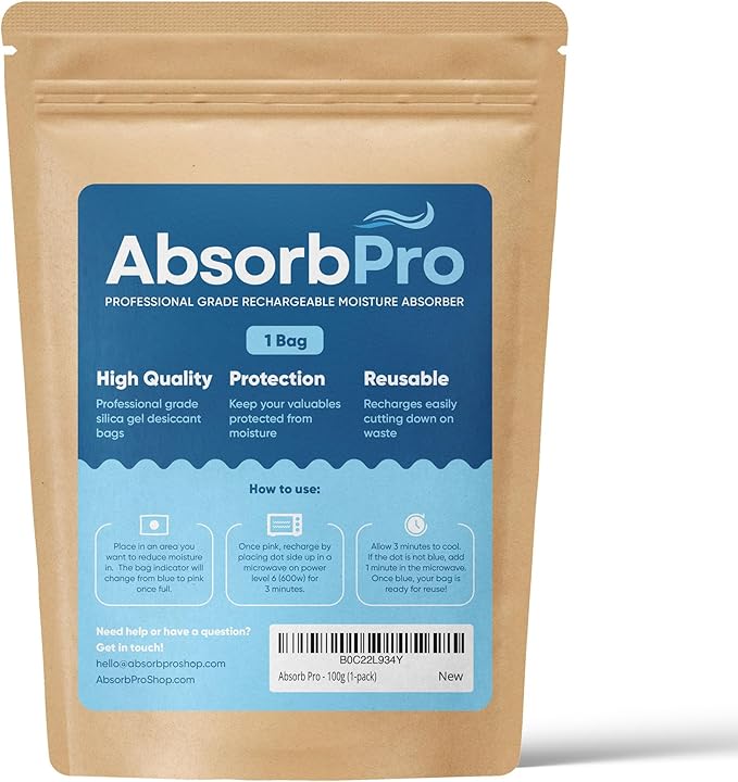 Absorb Pro Rechargeable Dehumidifier Bag 1-Pack - 100g Reusable Moisture Absorbers - Silica Gel Packets for Bins, Totes, Gun Safe, Food Storage, Clothes, Cars, and Boats