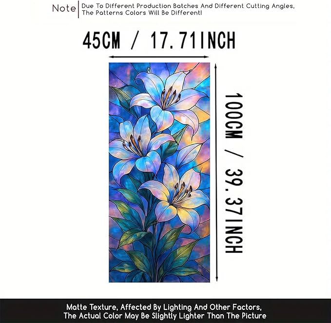 Blue Purple Lily Privacy Film Stained Glass Style Static Cling No Glue Decorative Panel Light Filtering Cover for Door Window Studio 17.7x39.3 inch