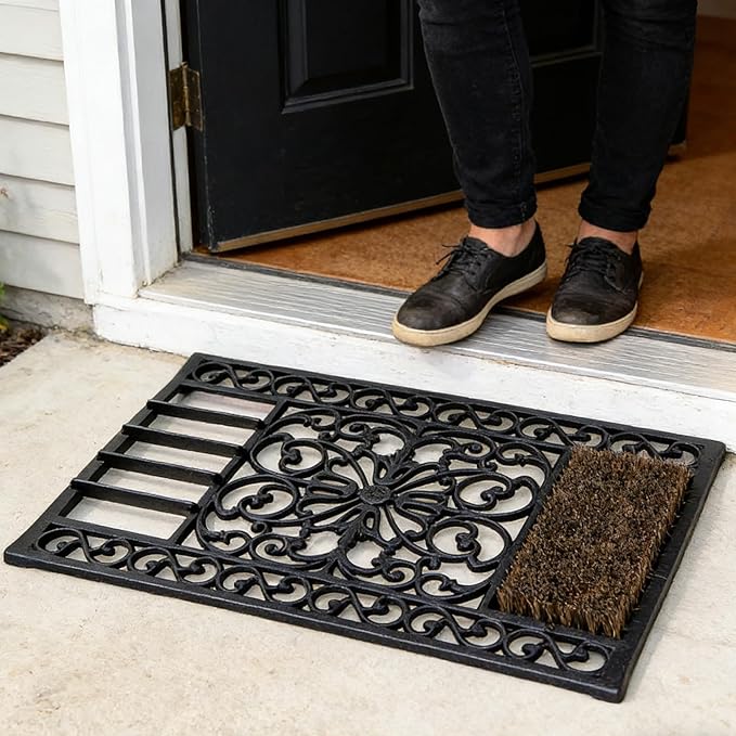 Vintage Cast Iron Door Mat with Rust Brown Shoe Brush - Decorative Floral Pattern Entryway Rug for Outdoor Shoe Cleaning HC5447