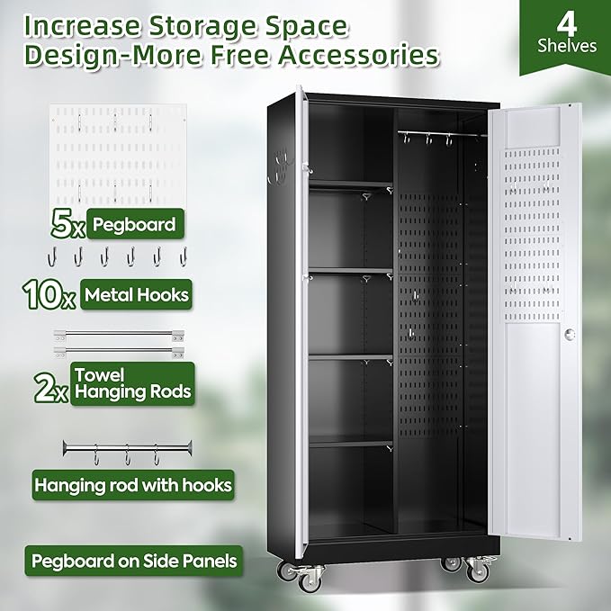 Reemoon 71'H Broom Closet Storage Cabinet with Doors and Pegboard,Metal Garage Storage Cabinet on Wheels and Adjustable Shelves for Garage Home,Required Assembly,Black and White