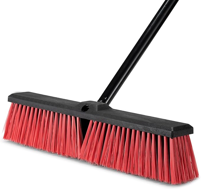18 Inch Heavy Duty Push Broom Outdoor with 63" Long Handle Stiff Bristle Brush for Patio,Deck,Driveway,Garage,Yard,Warehouse&Concrete Floor Cleaning (Red)
