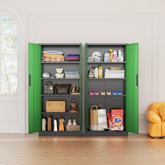 Bonusall 72" Metal Garage Storage Cabinet, Heavy-Duty Steel Cabinet with 2 Locking Doors & 5 Adjustable Shelves for Home, Office, or Workshop Organization(Black Green)