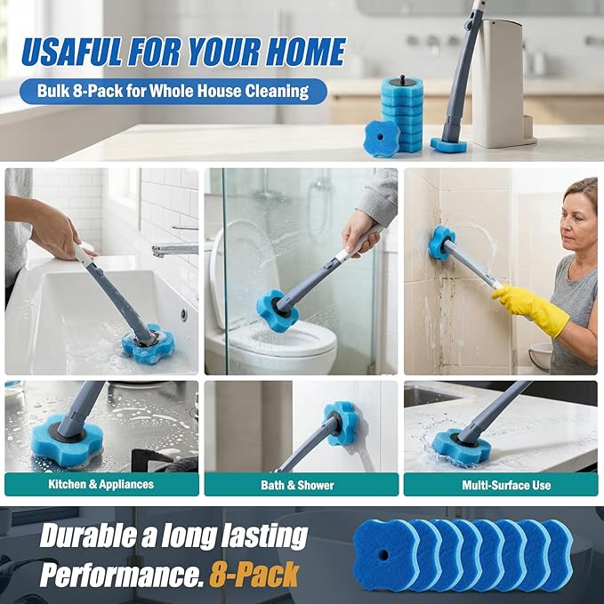 Disposable Toilet Brush with 8 Refills,Toilet Wand Brush Cleaning Kit,Wall Mounted Toilet Bowl Cleaner Set with Holder for Bathroom Deep Cleaning & Hygiene Local Stock- Blue & White