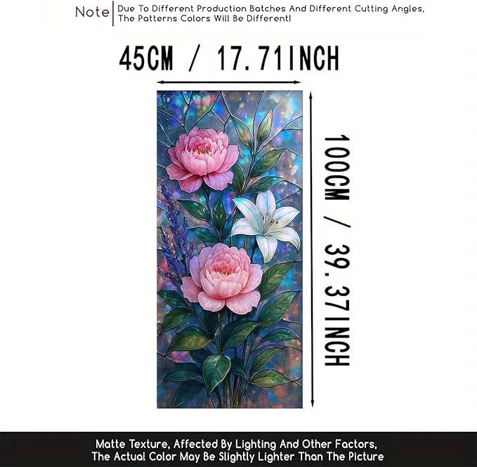 Peony Lily Window Film Dreamy Stained Glass Style Privacy Panel Static Cling No Glue Decorative Cover for Bedroom Door Studio Vanity 17.7x39.3 inch