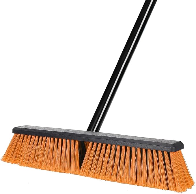 Heavy Duty 18" Push Broom for Outdoor & Indoor Use - Long Handle Snow Broom, Shop Broom for Garage, Garden, Deck, Concrete, Tile, and Carpet Cleaning (Red)