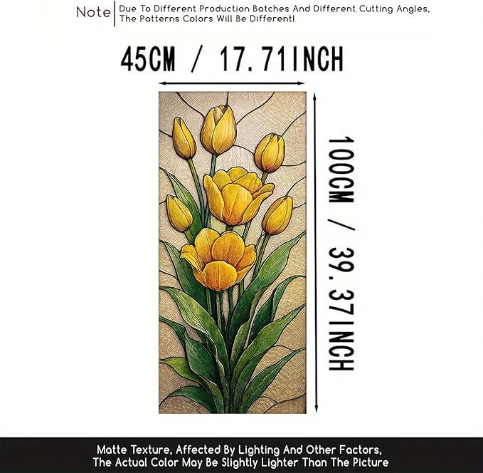 Yellow Tulip Privacy Film Stained Glass Style Static Cling No Glue Decorative Panel Light Filtering Cover for Door Kitchen Entryway 17.7x39.3 inch