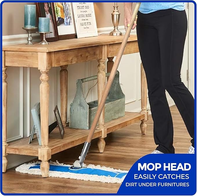 Nine Forty 60" Premium Cotton Dust Mop Kit - Heavy Duty Mop Head with Wood Handle for Industrial, Commercial, and Residential Cleaning - Dry Floor Duster for Hardwood Surfaces - White