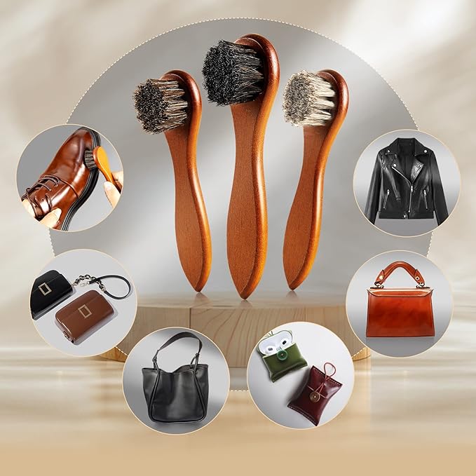 Unekez 4-Piece Horse Hair Shoe Brush Shine Kit, Shoe Polish Brush, Leather Shoes Boot Cleaning Brushes Care Clean Dauber Applicator