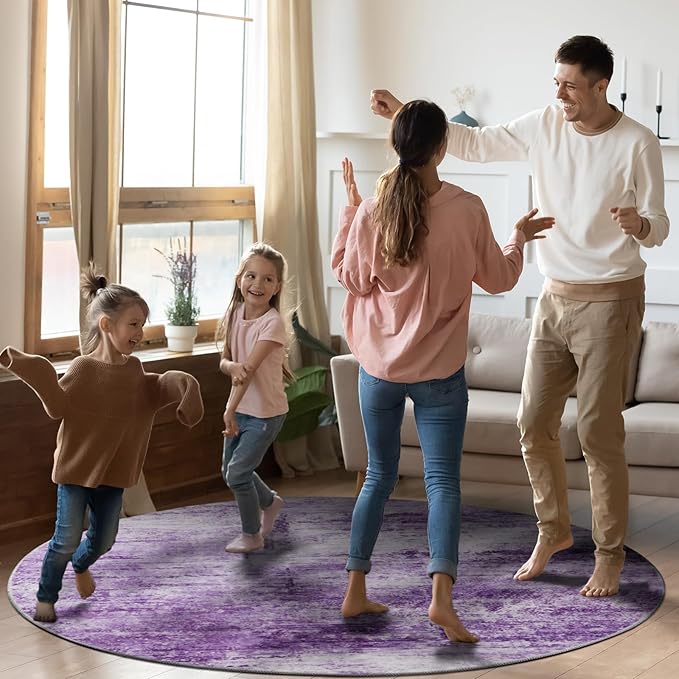 Round 8ft Abstract Rug, Modern Washable Indoor Circle Area Rugs for Living Room, Soft Large Circular Non-Slip Carpet Floor Mat for Bedroom Dining Room Home Office - Abstract Purple