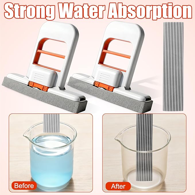 Juome Mini Foldable Desktop Mop - Portable Self-Squeeze Sponge Cleaning Tool, Wet and Dry Use Cleaning System, Mini Mop for Kitchen Counter, Bathroom, Glass (3 Sponge Head + 2 Squeeze Handle)