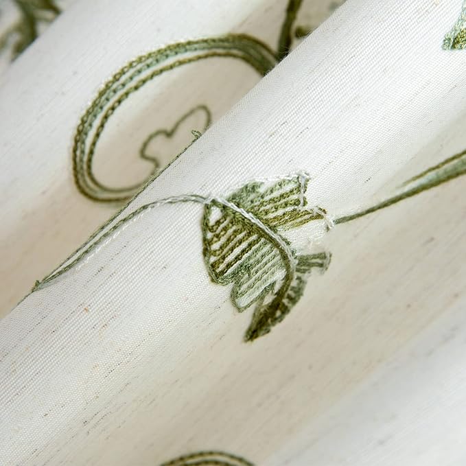 VOGOL Beige Curtains for Door Windows, Green Vines Embroidery Small Short Window Curtain for Bathroom Basement Closet French Door, 25 x 40 Inches, 1 Panel