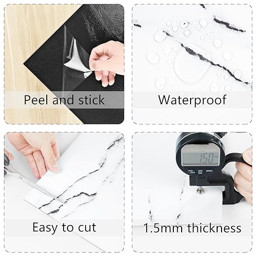 Wallercity Matte White Peel and Stick Floor Tiles Waterproof Marble Vinyl Flooring Tile Stickers 12''x12'' Self-Adhesive Stick on Tiles for Bathroom Kitchen Living Room Thick Shower Tile Sheets 16PCS
