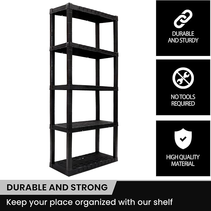 Oskar Heavy Duty Plastic Storage Shelves- for Garage, Kitchen, Bathroom Basement Kids Room, Stackable 5-Tier Black, Organizer Rack for Books Shoes, Toys, Pantry, Cleaning and Closet Organization